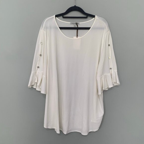 Green Envelope Tops - NEW Green Envelope white ruffle button sleeve detail stretchy pullover flowy top